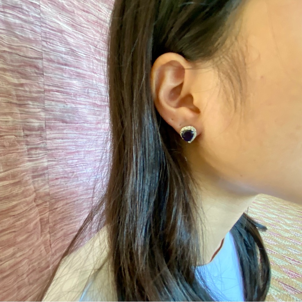 Heart Navy Blue Sapphire Crystal Silver Stud Pierced Earrings